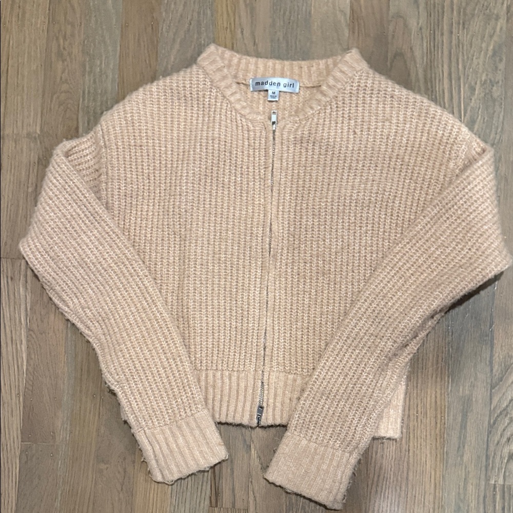 Madden Girl Cream Zip-Up Cardigan